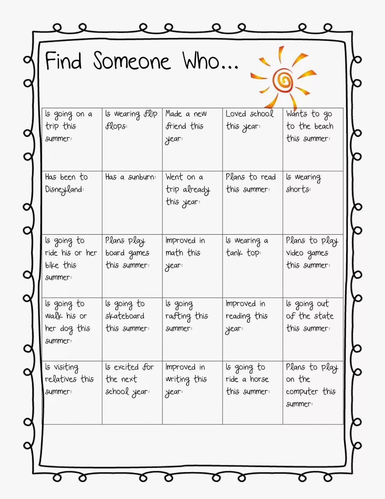 Last summer questions. Find someone who. Find someone who for Kids. Find someone who game. Find someone who Worksheet.