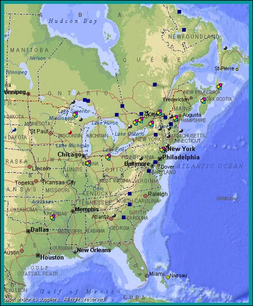 Карта США на карте Северной Америки. Восточное побережье Северной Америки на карте. Карта Северо-восточного побережья США. Восточное побережье Америки на карте. Название городов северной америки