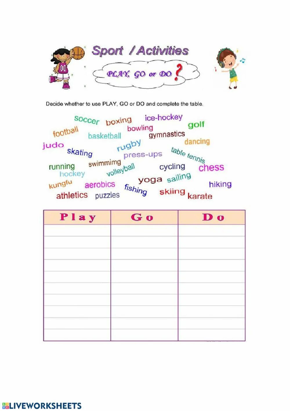 Worksheets Sport 8 класс. Таблица Sport/activity. Do Play go с видами спорта упражнения. Do Play go с видами спорта Worksheets. Go for activities