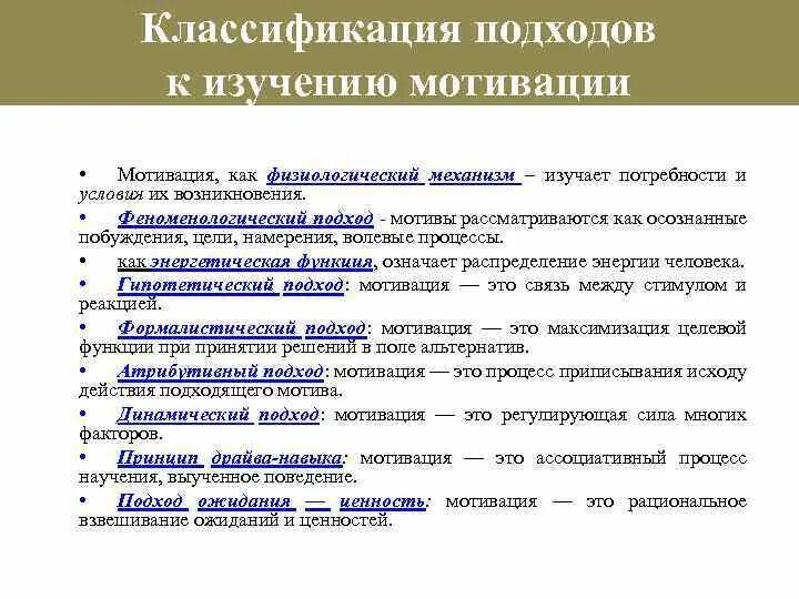 Проблемы изучения мотивации. Основные подходы к изучению мотивации. Основные подходы исследования. Мотивация классификация мотиваций. Основные психологические подходы.