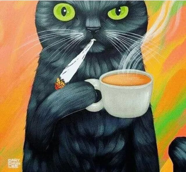 Курящий кот картинка. Кот с кофе и сигаретой. черный кот кофе. черный кот с чашкой кофе. черный кот пьет кофе.