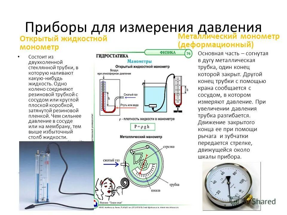 Чем измеряют давление жидкости. Таблица приборы для измерения давления манометр жидкостный. Устройства прибора манометра физика 7. Жидкостный манометр и металлический манометр таблица. Прибор для измерения давления жидкости манометр физика 7 класс.