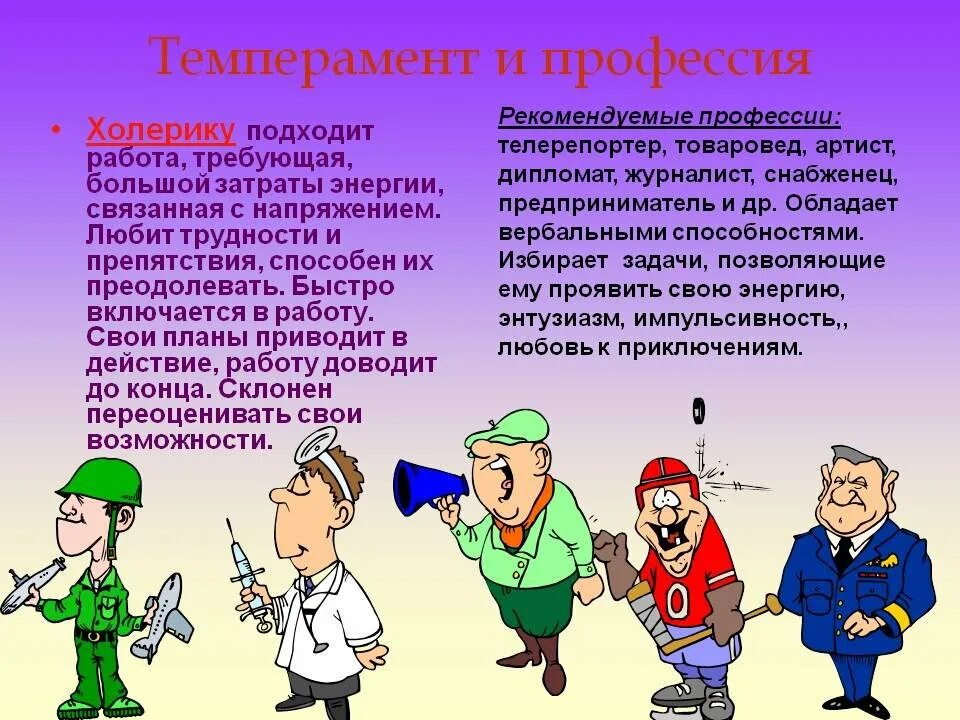 Какие профессии подходят именам. Профессии по типу темперамента. Темперамент и профессия. Тип темперамента и профессия. Профессии для холерика.