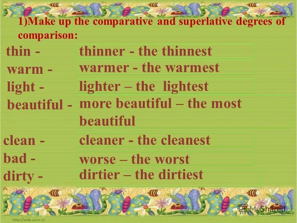 Thin Comparative and Superlative. Degrees of Comparison. Make up the Comparative and Superlative degrees of Comparison thin warm. Make up the Comparative and Superlative degrees of Comparison thin warm Light. Hot comparative and superlative