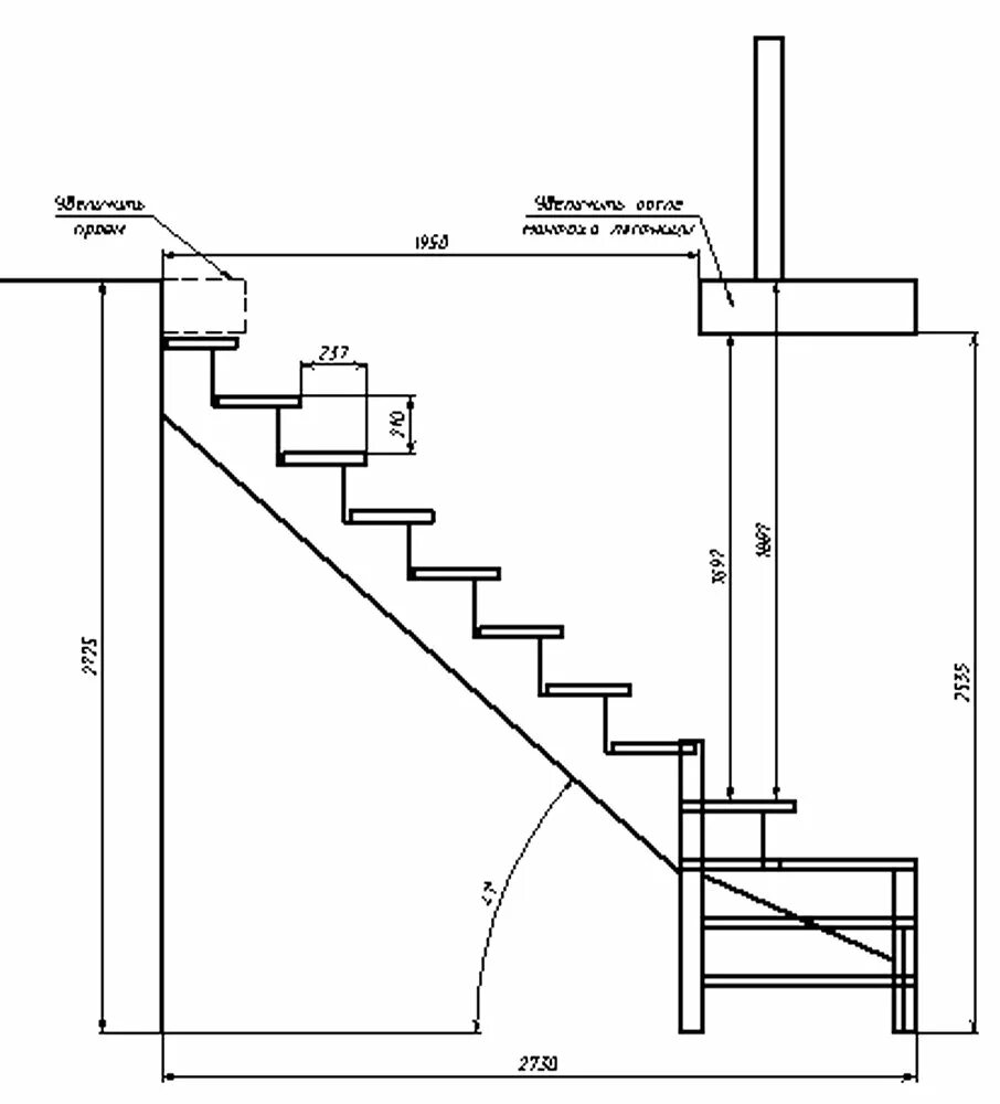 Схема лестницы подступенок. Схема лестницы на второй этаж в частном доме высота 2.60. Лестница на монокосоуре с площадкой чертеж. Одномаршевая лестница чертеж. Схема ступенек