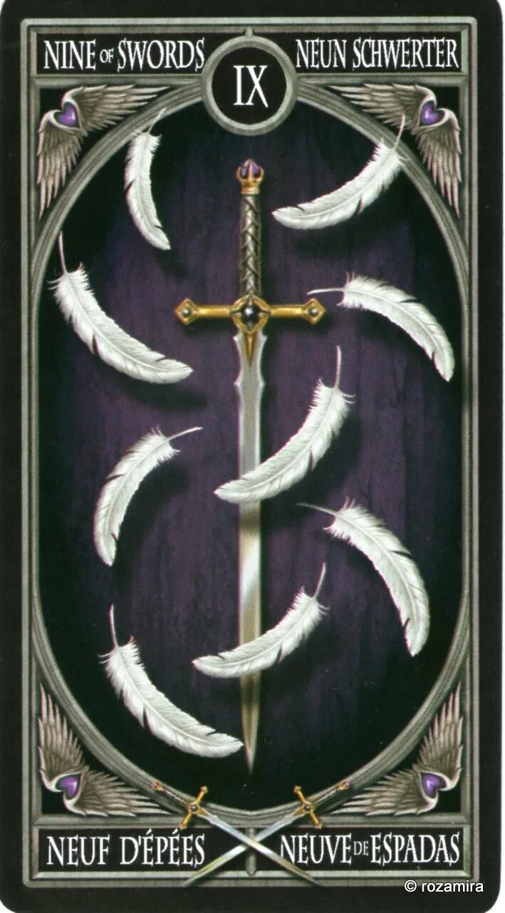 Карта Таро девятка мечей. Младшие арканы мечи. Anne Stokes Gothic Tarot — Готическое Таро Анны Стокс.