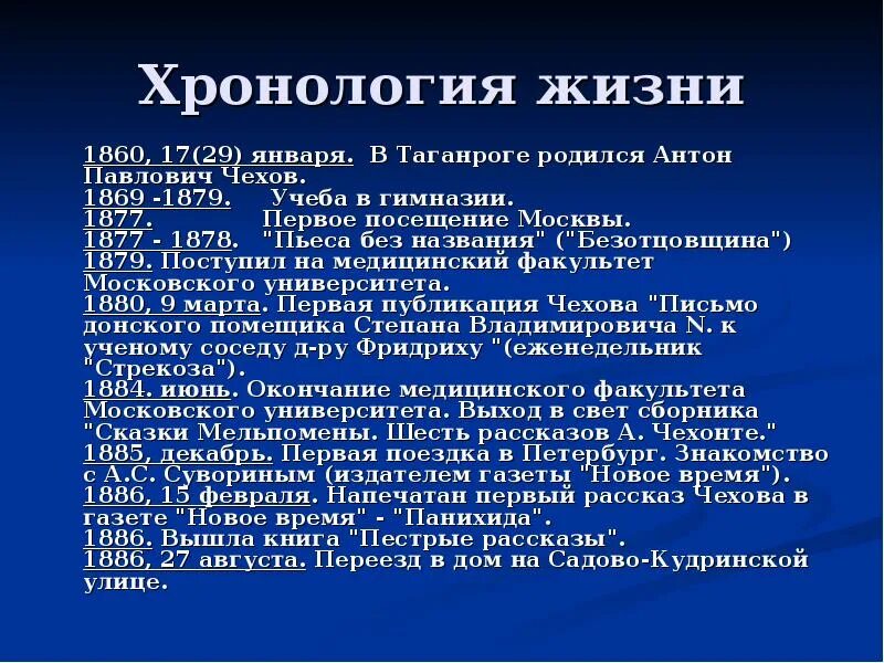 Таблица по биографии Чехова. Хронология творчества Чехова. 10 этапов жизни чехова