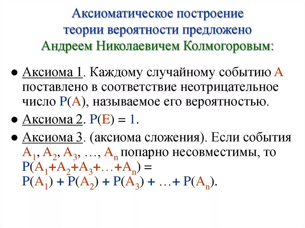 1 математическая теория. 4 Аксиомы теории вероятностей. Аксиоматическое построение теории вероятностей. Аксиомы Колмогорова теория вероятности. Формула Колмогорова теория вероятности.