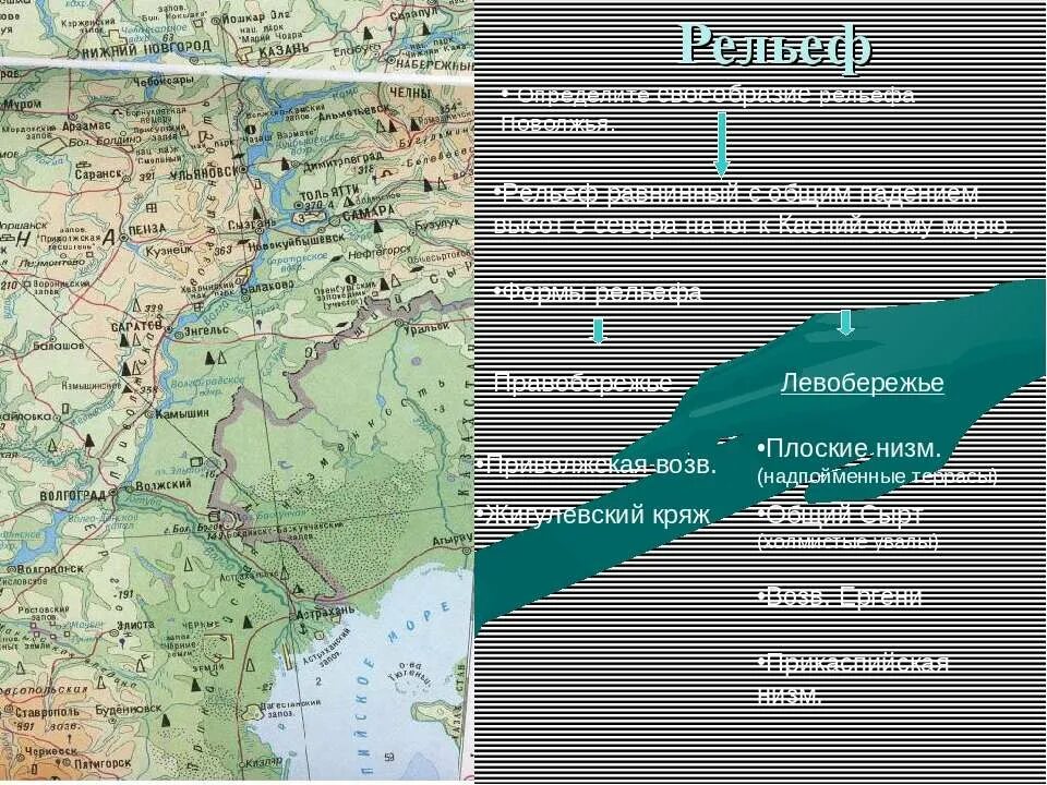 Рельеф Поволжского района. Рельеф Поволжья карта. Поволжье правобережье и левобережье. Формы рельефа Поволжья.