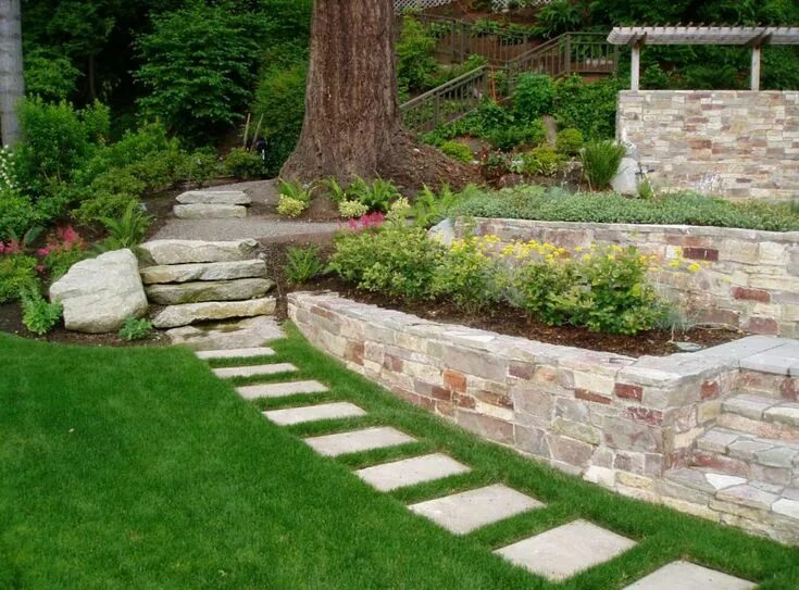 Great for outdoor entertaining Sloped garden, Sloped backyard landscaping, Count
