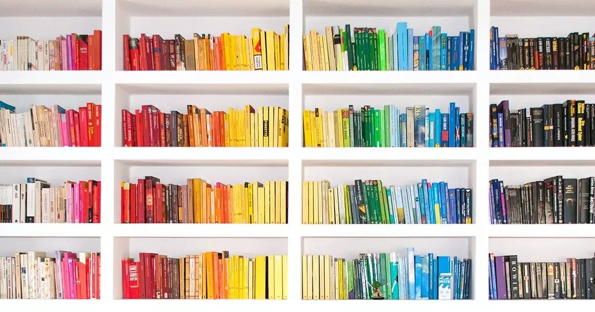 Расставить по полочкам. Книжный шкаф с разноцветными книжками. порядок на книжных полках. разложить по полочкам. перфекционист книги полка.