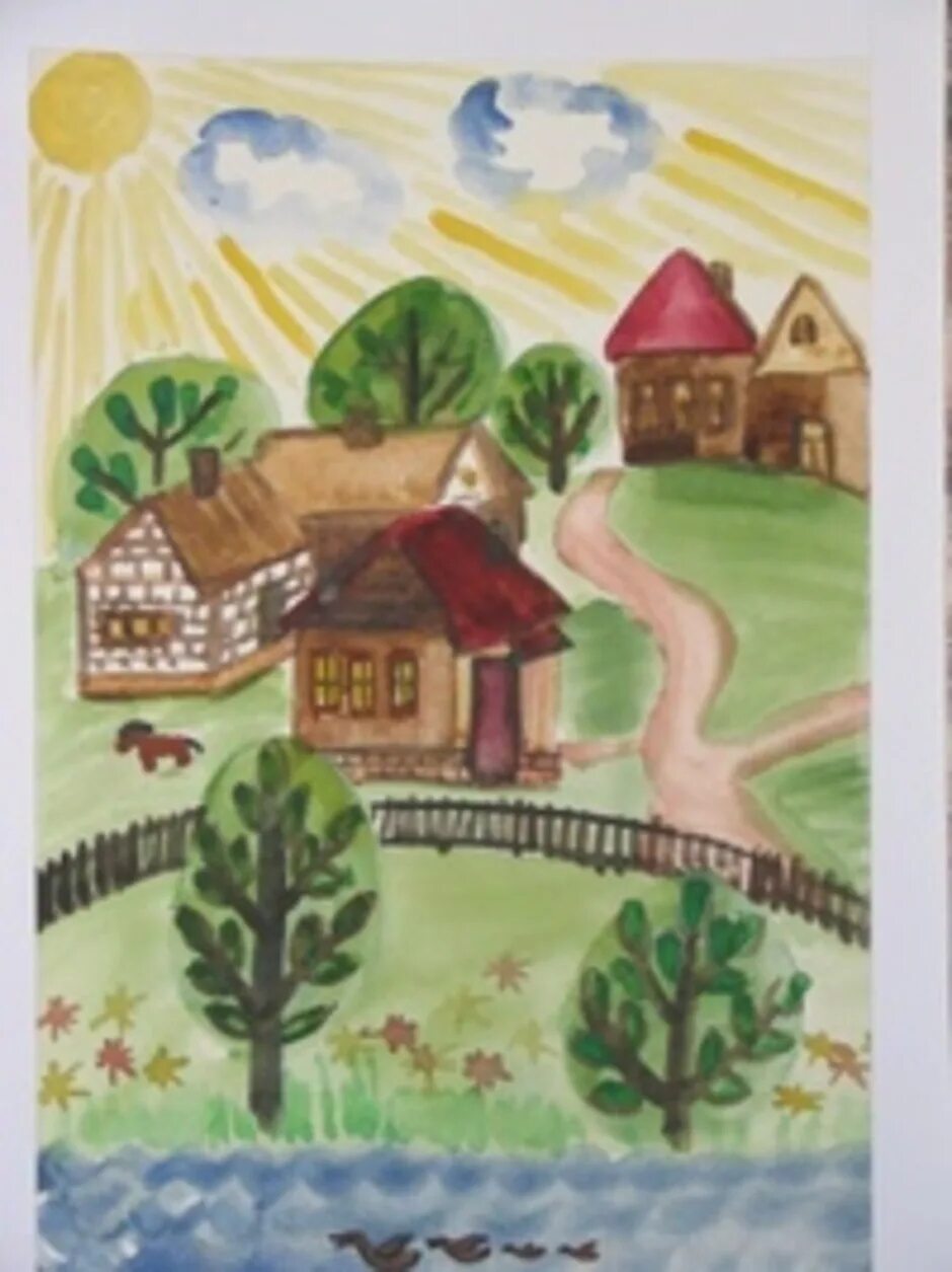 Детские рисунки на тему. Рисунок родная деревня. Рисунок село мое село родное. Рисуем домик в деревне. Детские рисунки деревня.