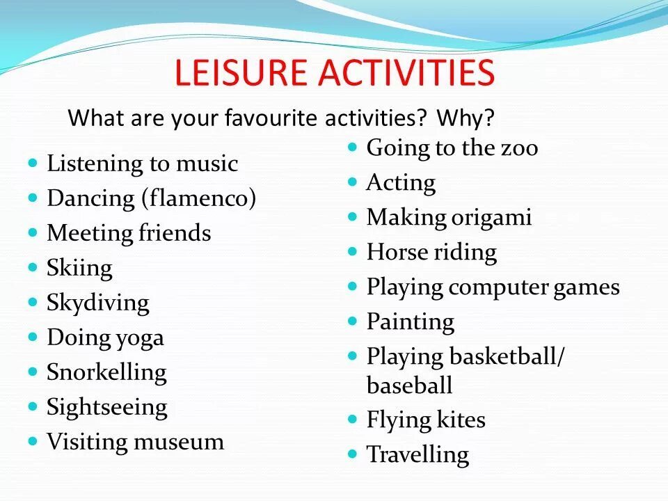 Leisure time activities. Leisure activities примеры. Types of Leisure activities. Activities перевод. Activities перевод на русский