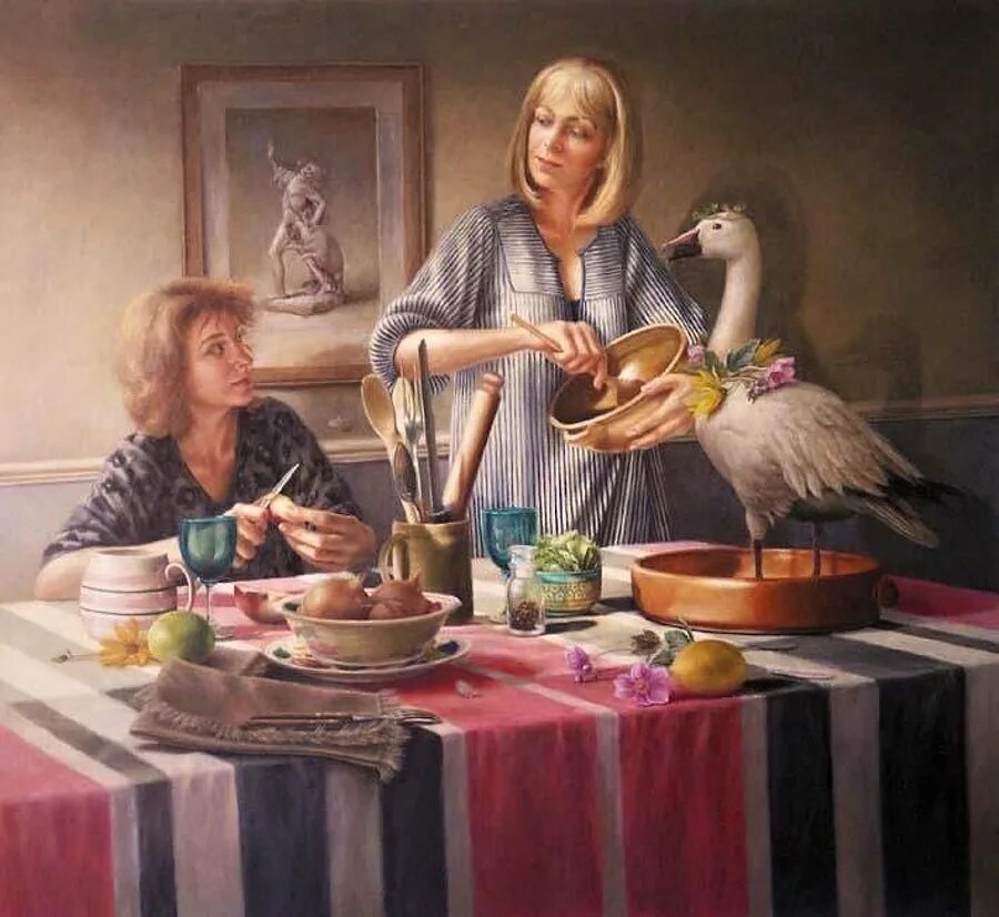 Кухонные посиделки. Английской художницы sally moore. посиделки на кухне. чаепитие семья. уютные посиделки на кухне.