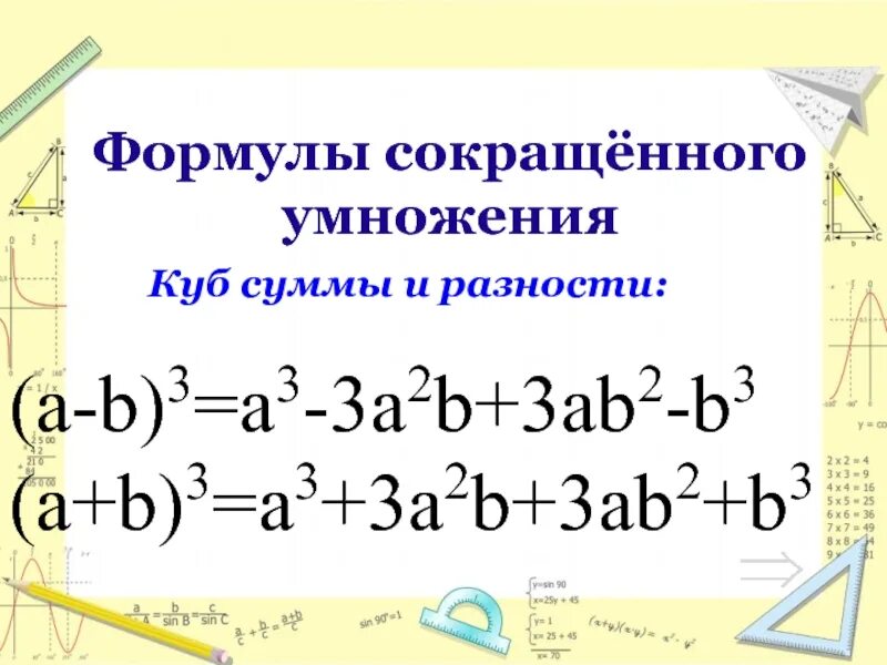 Заполни пропуски используя формулу куба суммы. Формулы сокращенного умножения Кубы. Куб суммы и куб разности формула. Формулы сокращенного умножения a3-b. (А - 3 )2 «формулы сокращенного умножения».