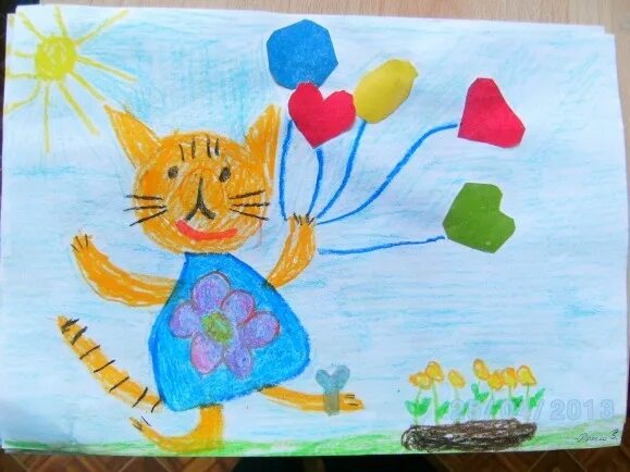 Рисование кошка с воздушными шариками. Кошка с воздушными шарами средняя группа рисование. Кошка с воздушными шариками рисование в средней группе. Рисование с элементами аппликации кошка с воздушными шарами. День кошек в средней группе