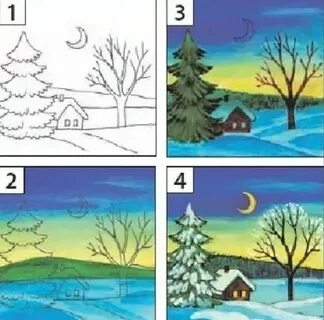 Как быстро нарисовать зимний пейзаж