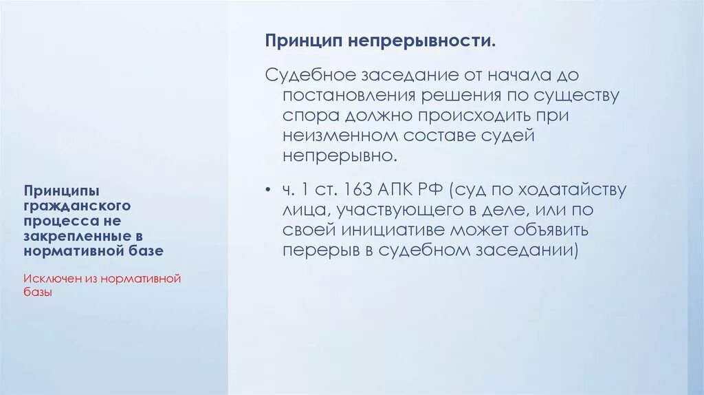 Принцип непрерывности судебного заседания ГПП. Непрерывность судебного разбирательства в гражданском процессе. Принцип непрерывности в гражданском процессе. Принцип непрерывности ГПП. 163 апк рф