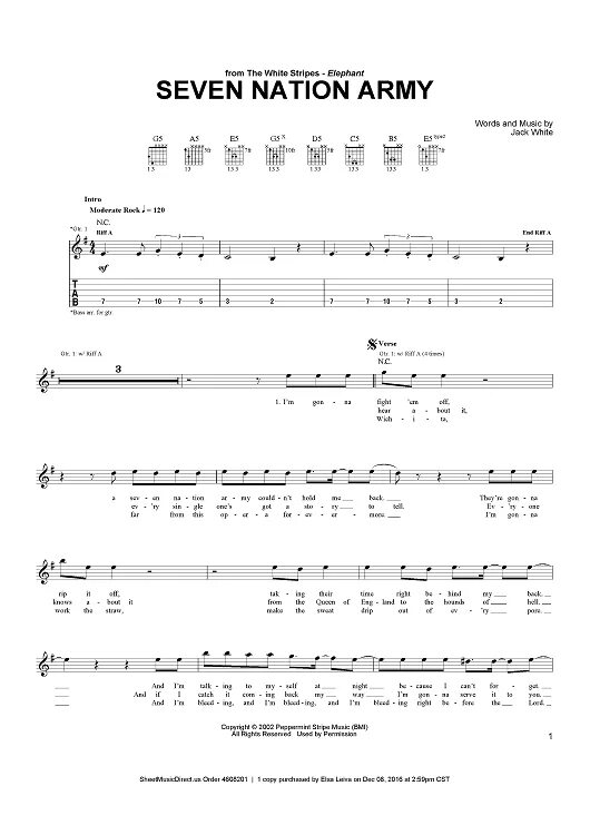 Seven nation army на гитаре. The white stripes seven nation army ноты. the white stripes seven nation army ноты для барабанов. white stripes seven nation табы. white stripes seven nation army табы.