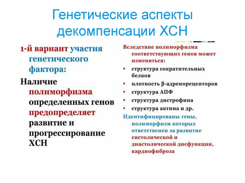 Наследственная недостаточность. Генетические аспекты. Декомпенсация ХСН. ХСН В стадии декомпенсации. Генетические аспекты пола.