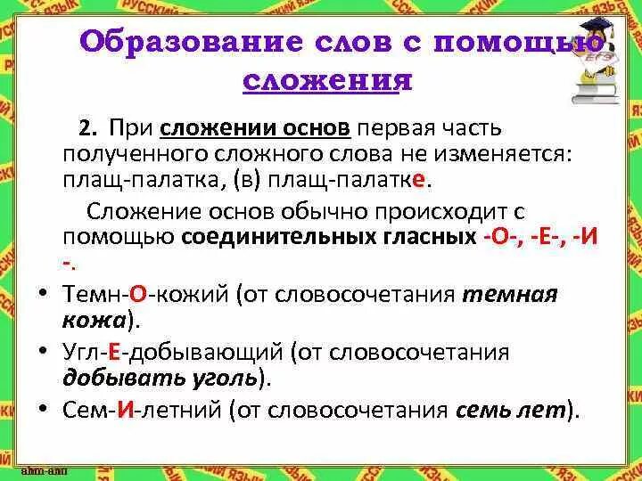 Укажите слово образование. Сложение образование слов. Сложение способ образования слов. Образование слов при помощи соединительных гласных происходит при. Сложение основ с помощью соединительной гласной.