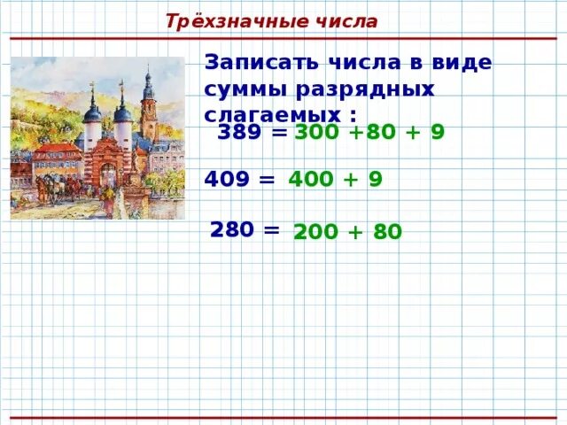 Разрядные слагаемые трехзначных чисел. Запиши число суммой разрядных слагаемых. Трехзначные числа в виде разрядных слагаемых карточки. Трехзначное число в виде суммы разрядных слагаемых.