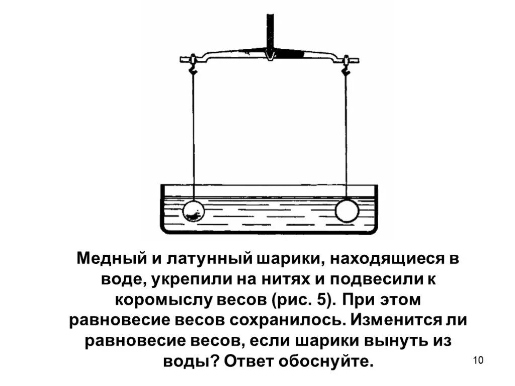 К промыслу весов подвешены 2 цилиндра. Медный и латунный шарики находящиеся в воде укрепили на нитях. Равновесие коромысла. Подвешенного на коромысле. Коромысло весов.