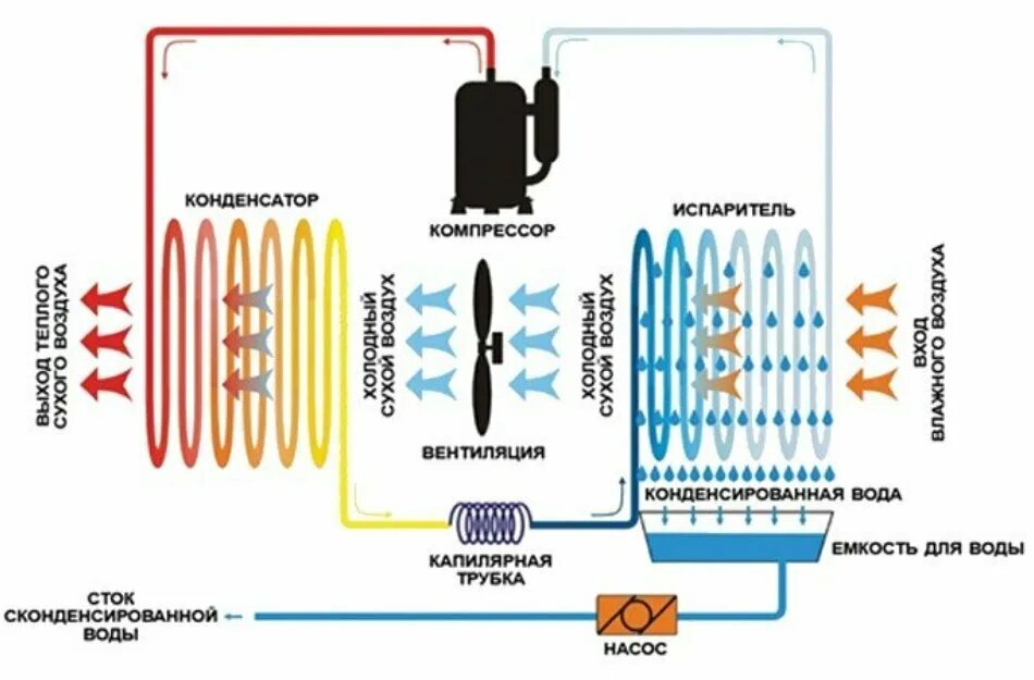 Процесс нагрева воздуха. Осушитель воздуха Fairland dh60. Осушитель воздуха принцип работы схема. Осушитель воздуха принцип работы. Схема конденсационного осушителя воздуха.