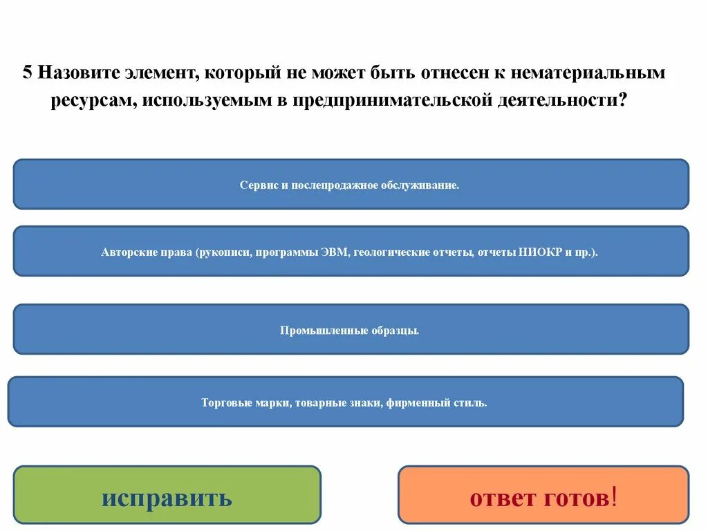 Элементы предпринимательской деятельности. Ресурсы предпринимательской деятельности. Что относится к нематериальным ресурсам. Основы предпринимательской деятельности тест.