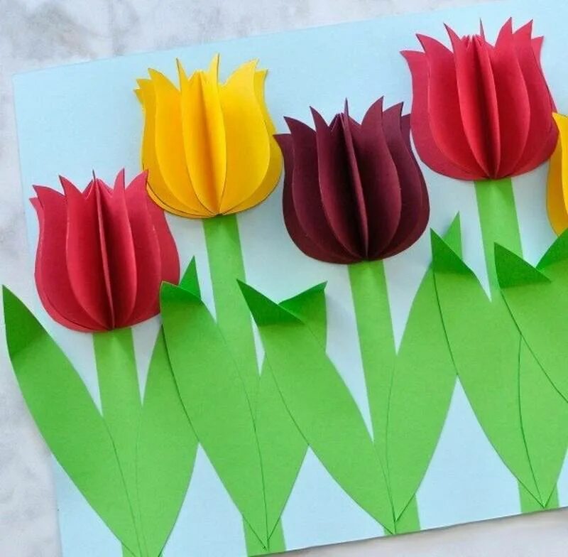 Объемные тюльпаны. Объемная аппликация. Потделка из цветеой бумаги. Цветы из бумаги детям 5 лет