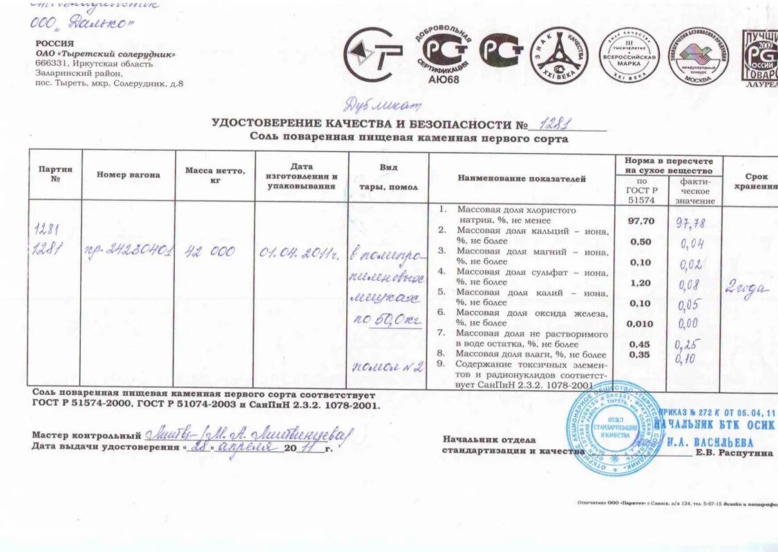 Сертификат качества и безопасности