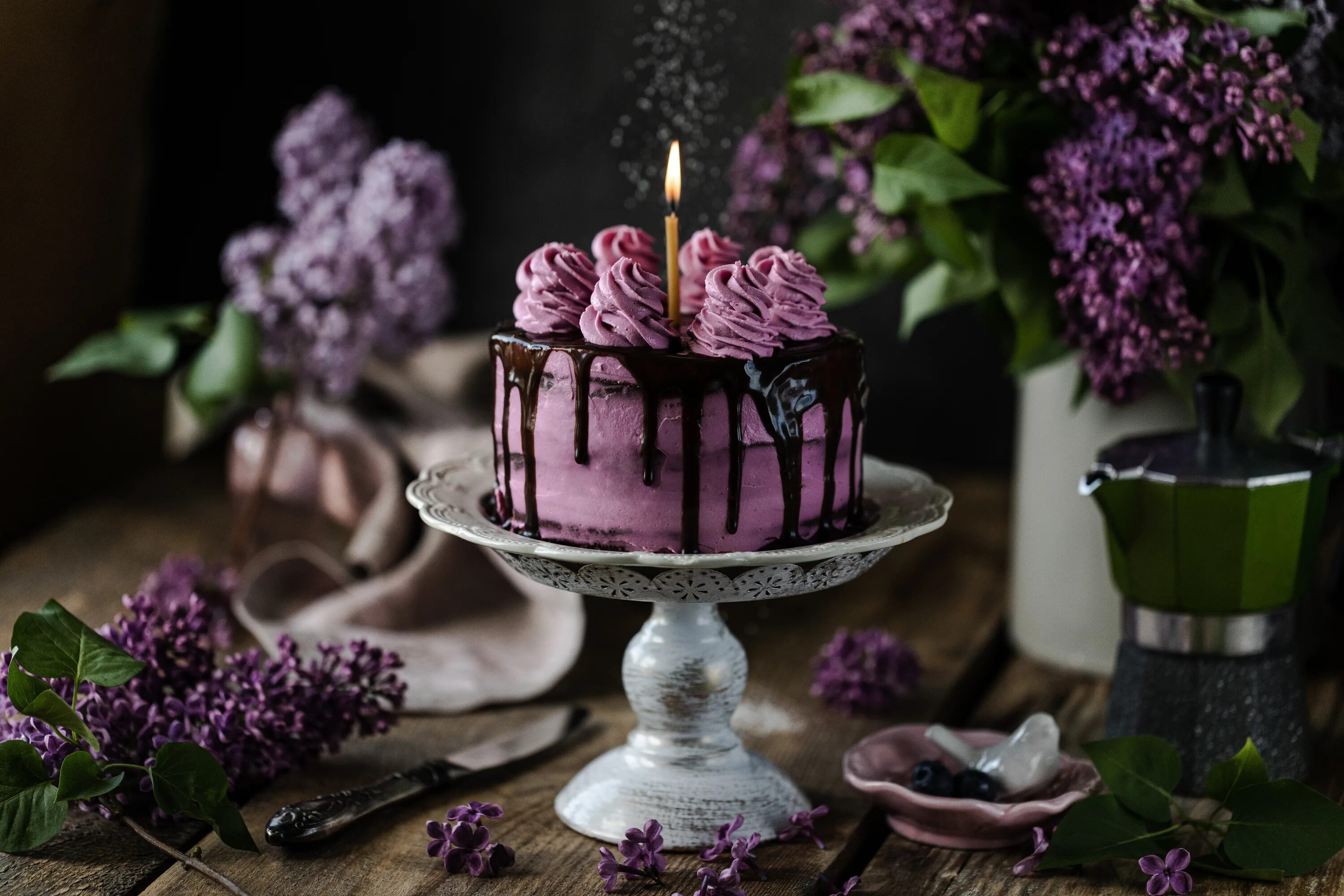 Вкусные торты нет свечей мягчайший зефир воздержаться. Шоколадный торт со свечами. торт с сиренью. торты с украшением сирень. торт шоколадный фиолетовый.