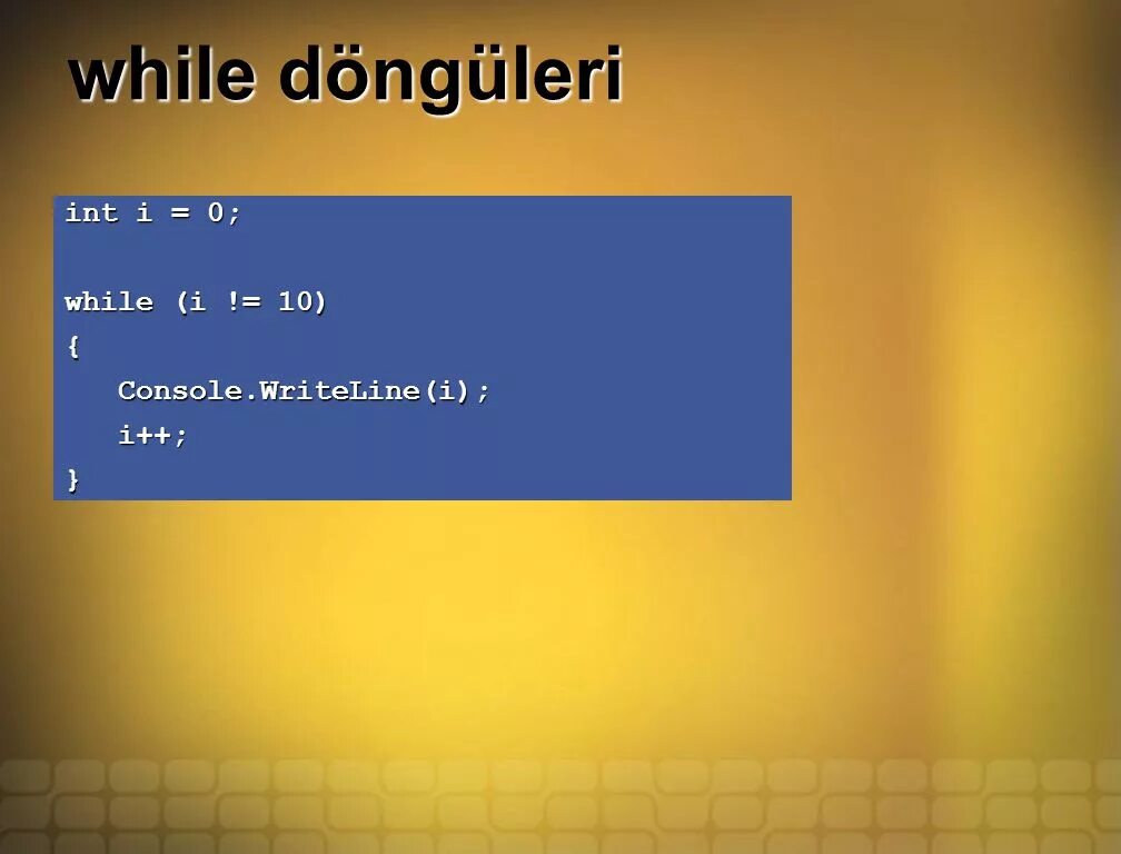 While 0. Int i=1 do i++ while (!i). int i=0; do { i++; ……} while ( 2/i&gt;0 );. console.writeline(&quot;{0,3} {1,5:f2} {2,5:f2}&quot;,i,x,y);.