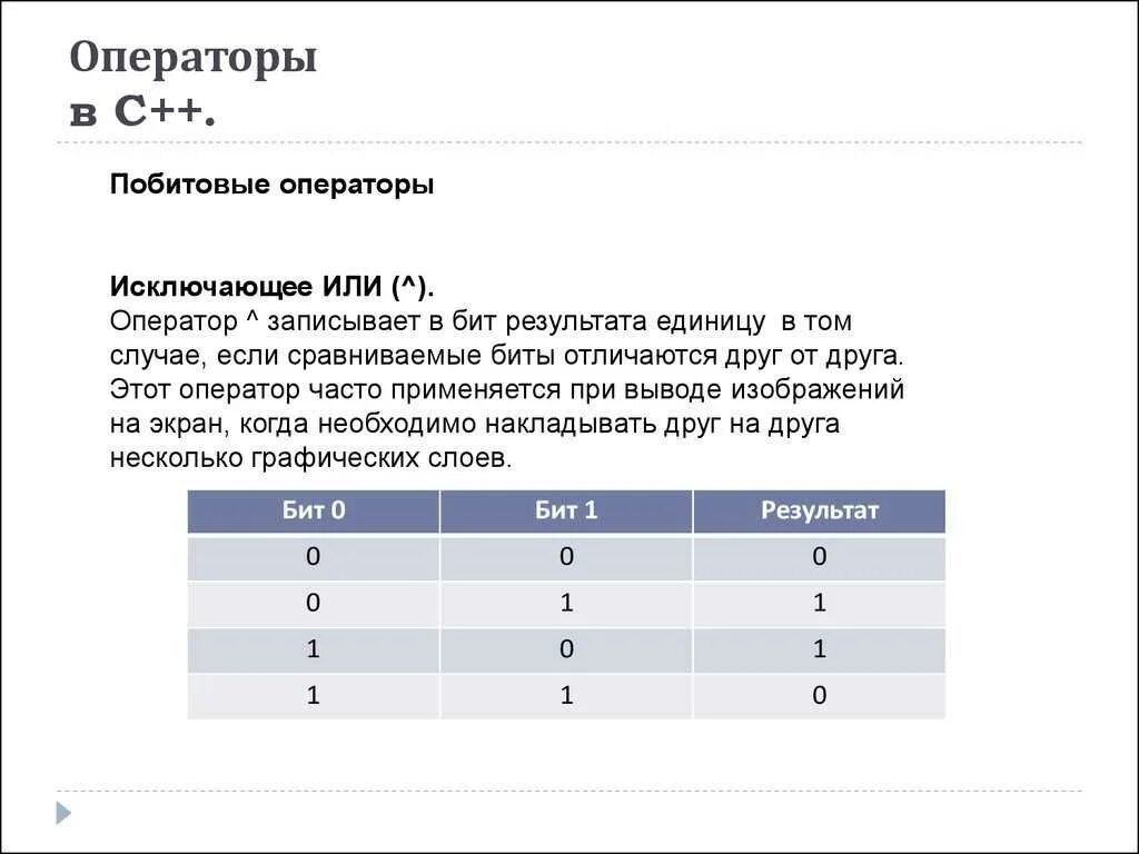 Операторы c. Операторы с++. Исключающее или c++. C++ оператор или.