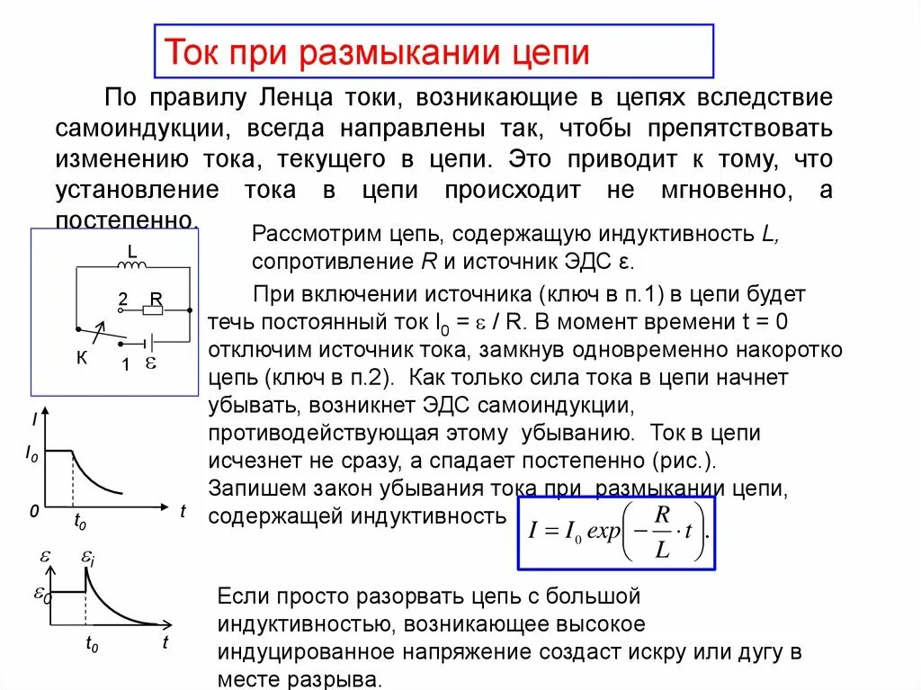 Токи при замыкании и размыкании цепи Экстратоки. Демонстрация явления самоиндукции при размыкании цепи. Исчезновение тока при размыкании цепи, содержащей Индуктивность. Катушка индуктивности при размыкании. Имеется катушка индуктивностью