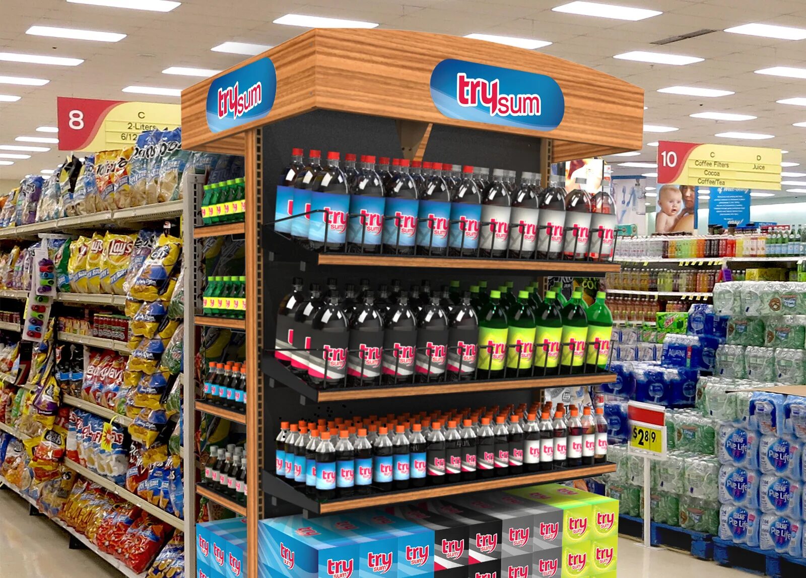 End display. End aisle. end cap. aisle display. end cap in store.