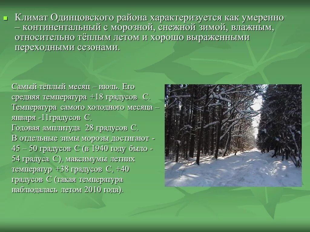 Климат Одинцовского района. Климат Одинцово. Умеренно холодная, Снежная зима и тёплое лето. Климатический район Одинцово. Природная зона продолжительная морозная зима