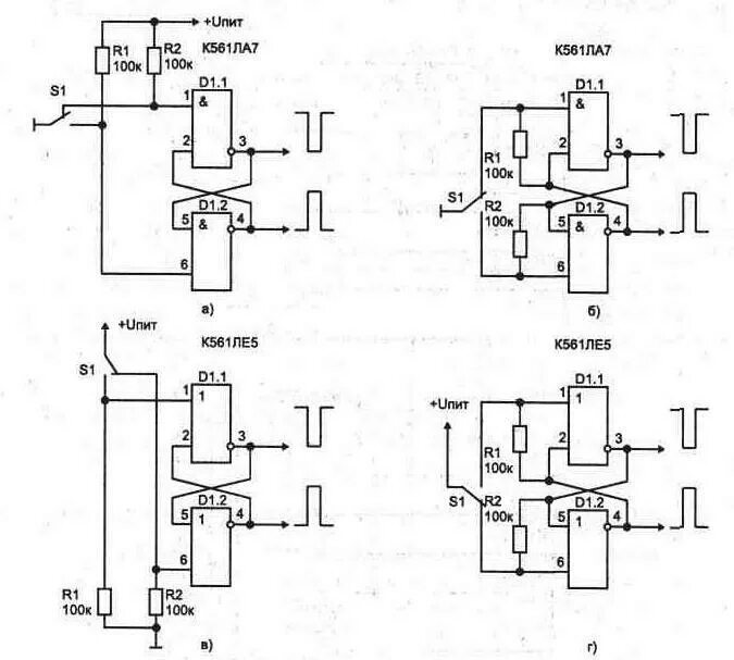 Подавитель дребезга контактов к561. Одновибратор на 561ла7 схема. Подавитель дребезга контактов на триггере Шмидта. Устранение дребезга контактов реле схема подключения.