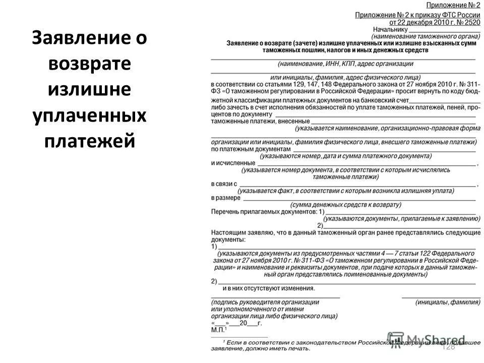 Возврата уплаченных взысканных таможенных пошлин налогов. Возврата уплаченных взысканных таможенных пошлин налогов