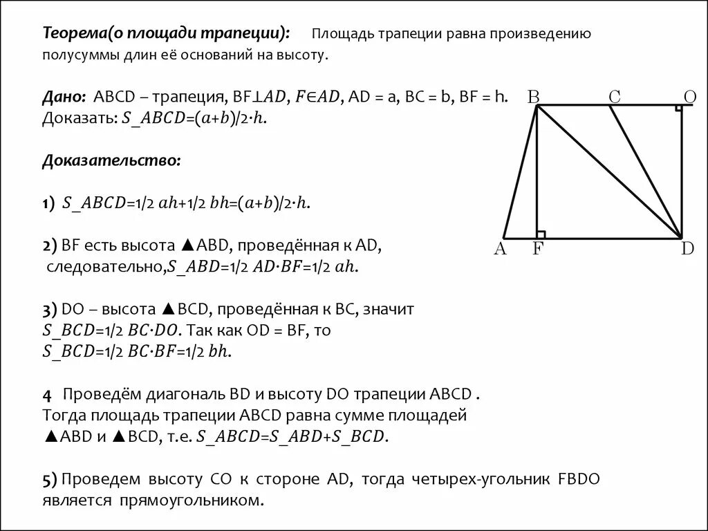 Площадь трапеции доказательство теоремы 8. Теорема о площади трапеции с доказательством. Площадь трапеции доказательство теоремы 8 класс. Теорема о площади трапеции 8 класс. Произведения полусумма оснований на высоту