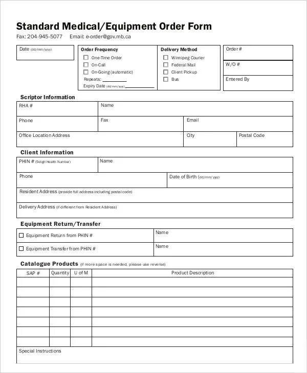 Medical order. Product ordering form. Product order form. Family Medical Supply order form.