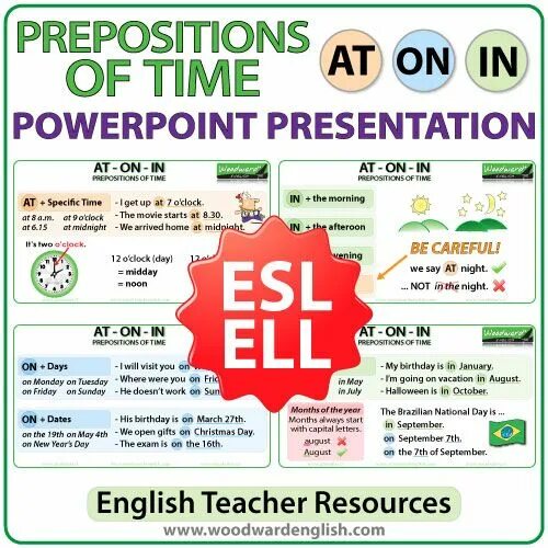 Prepositions of time Woodward. Prepositions of time at in. Woodward English. Woodward English in on at time prepositions.