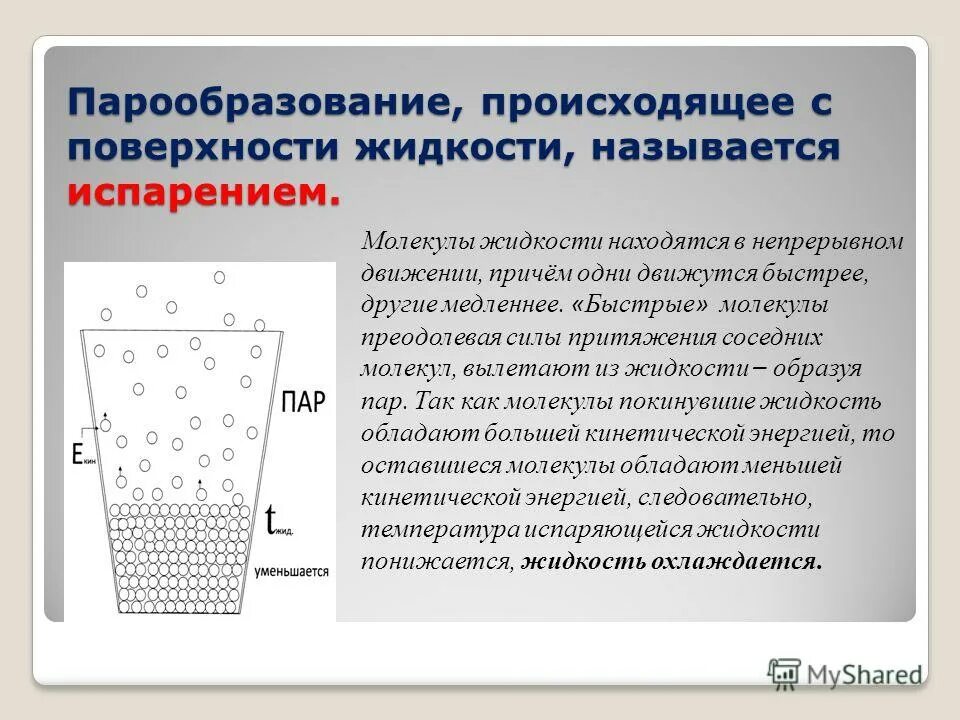 Какая наука изучает испарение воды. Испарение жидкости с поверхности. Процесс испарения физика. Испарение процесс парообразования происходящий.