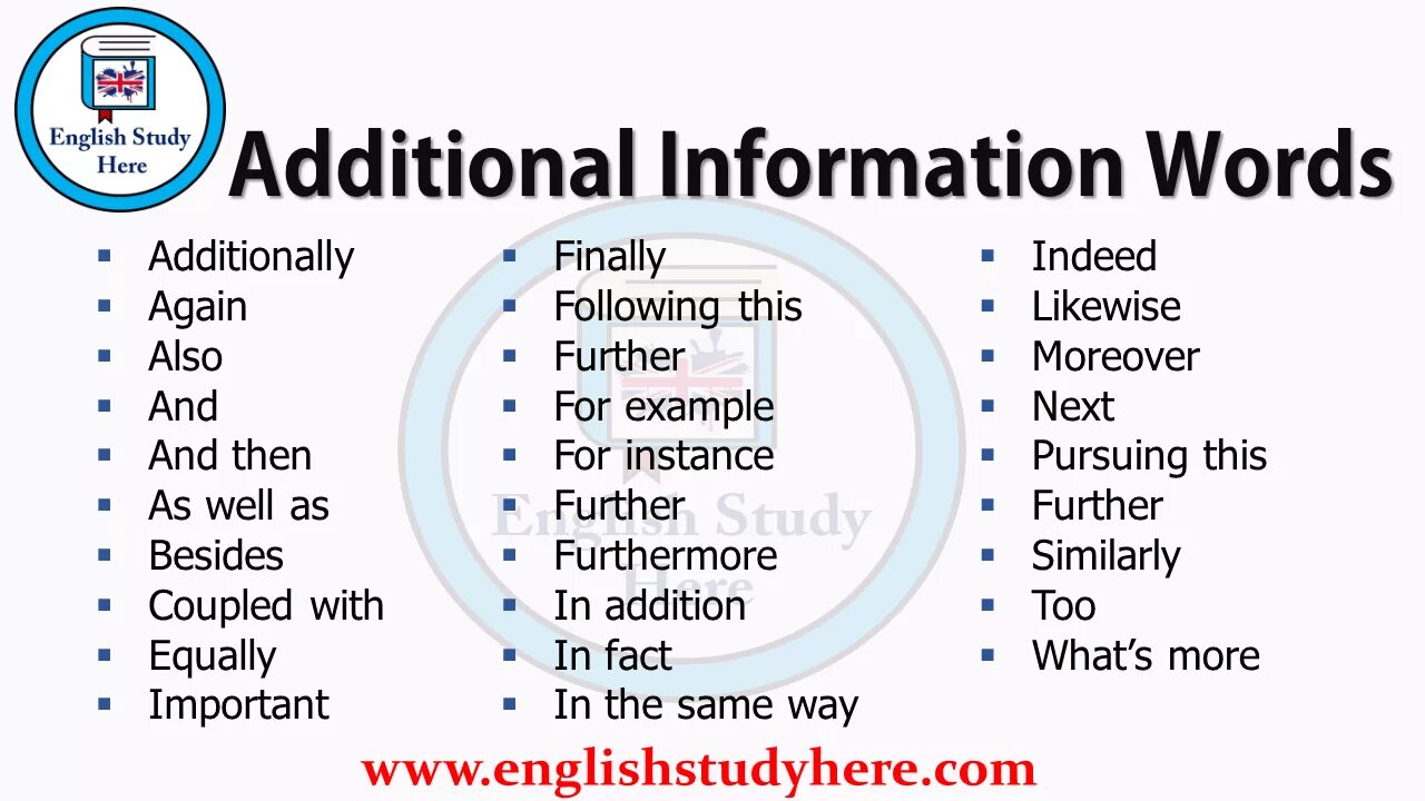Connectors в английском языке. Additional information Words. Connectors list. Коннекторы в английском языке.
