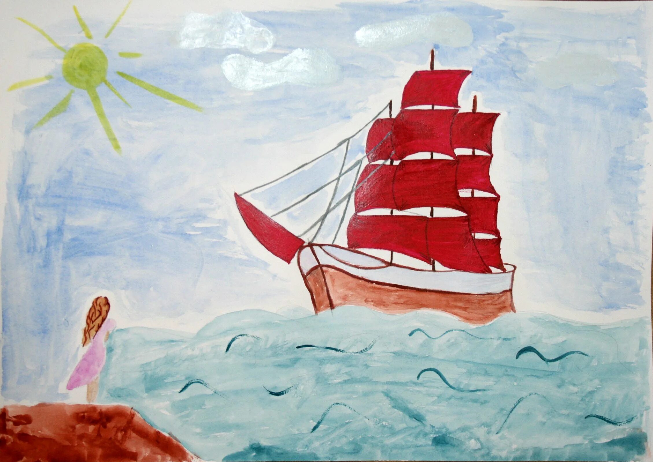 Алые паруса рисунок легко. Корабль в море рисунок. Детские рисунки кораблей. Корабль с алыми парусами рисунок. Алые паруса детский рисунок.