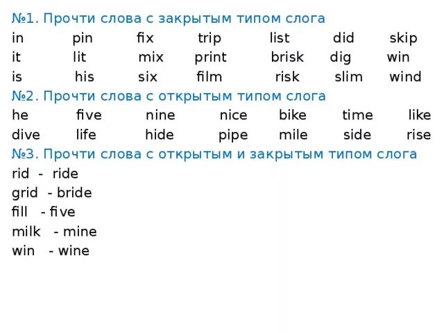 Слоги в английском языке для детей. Слова для чтения на английском 2 класс. Чтение закрытого слога в английском языке для детей упражнения. Упражнения на 4 типа чтения гласных в английском языке. Английские слова для дошкольников для чтения.