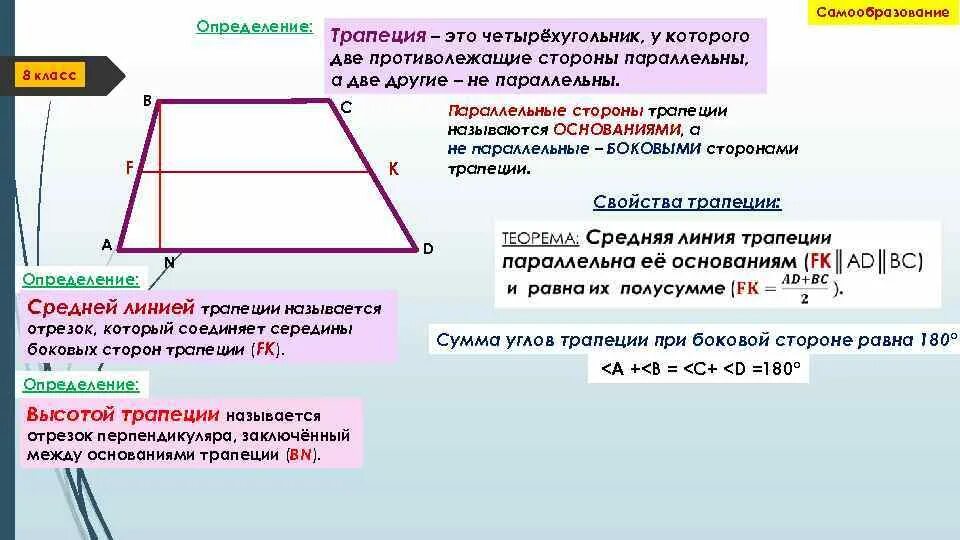 В трапеции 180 градусов равна сумма. Признаки трапеции. Основное свойство трапеции. Параллельные стороны трапеции. Углы и стороны трапеции.