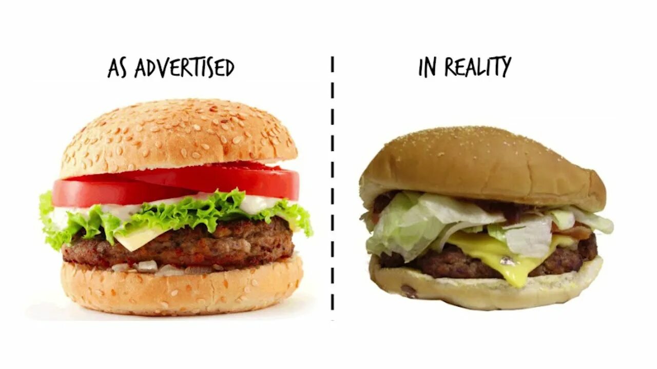 Бургеры в рекламе и в жизни. Гамбургер в рекламе и в жизни. Гамбургер в рекламе и в реальной жизни. Бургер на рекламе и в жизни. Реальность в рекламе