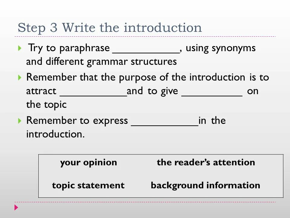 Give your introduction. Opinion essay. grammar structures. introduction essay paraphrase. giving information about yourself.