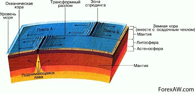 Слои литосферных плит. 4 Слоя земной коры. Схема развития земной коры. Изгиб в земной коре